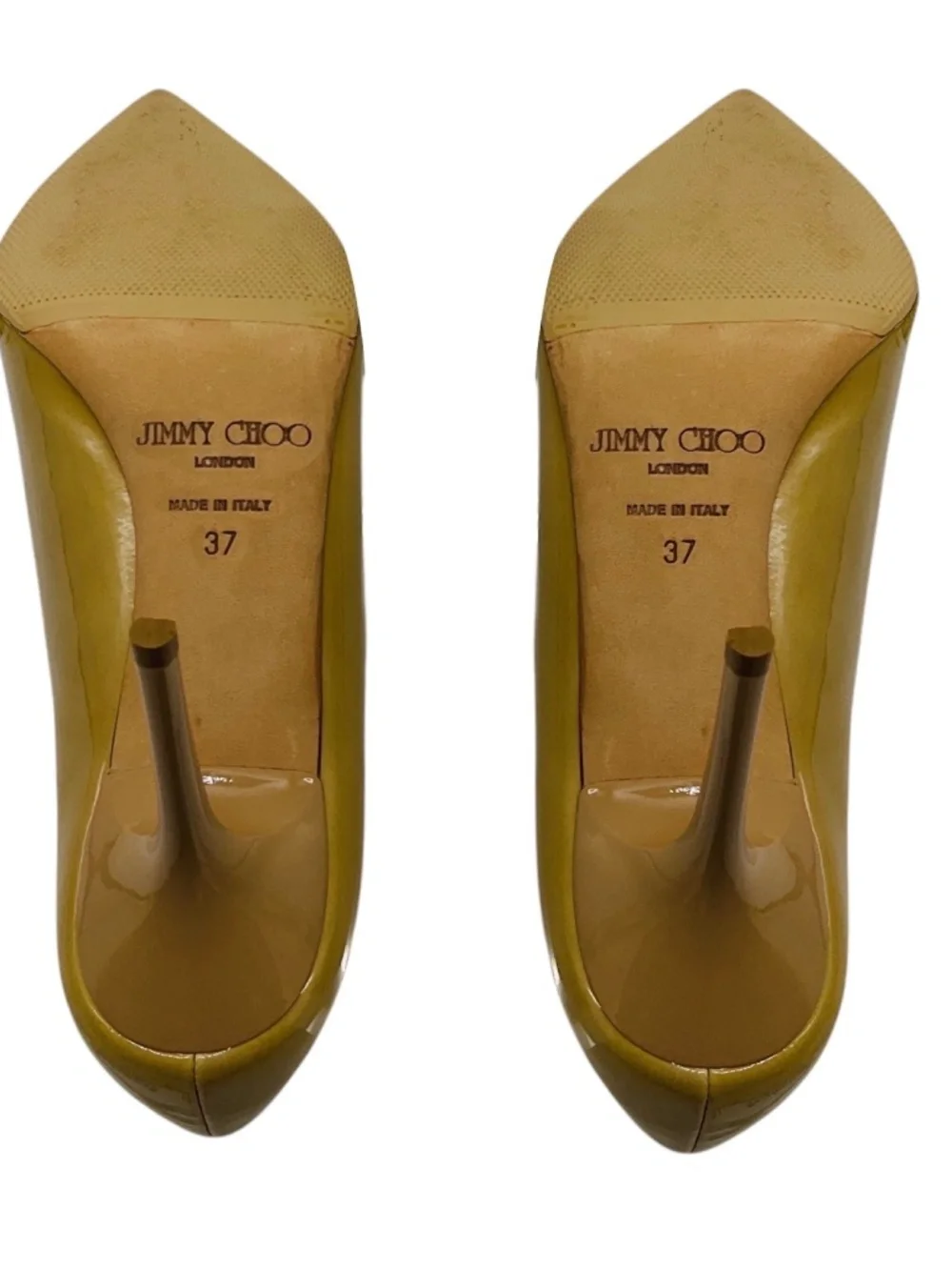 JIMMY CHOO NUDE POINTED TOE PATENT LEATHER PUMPS